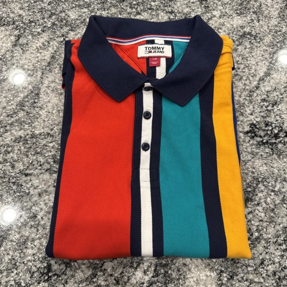 Y2K Tommy Jeans Polo Shirt Men's L Multicolor Vertical Stripe 90s Vintage Cotton - Picture 16 of 16